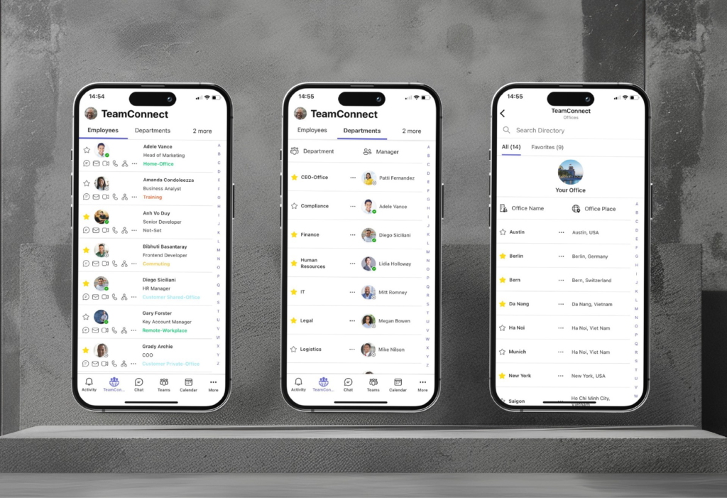 TeamConnect mobile employee directory interface on a smartphone.