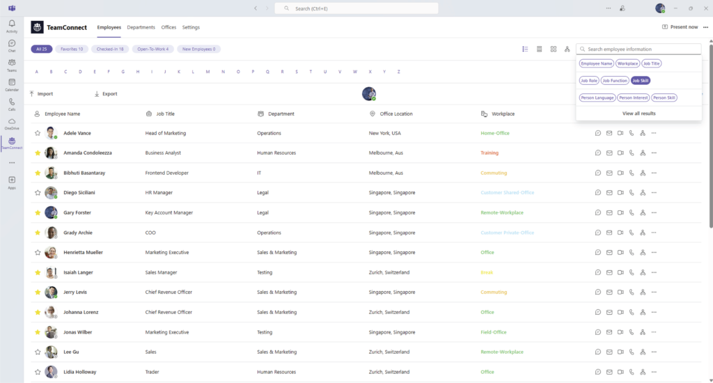 TeamConnect Advanced Search interface for employee directory.