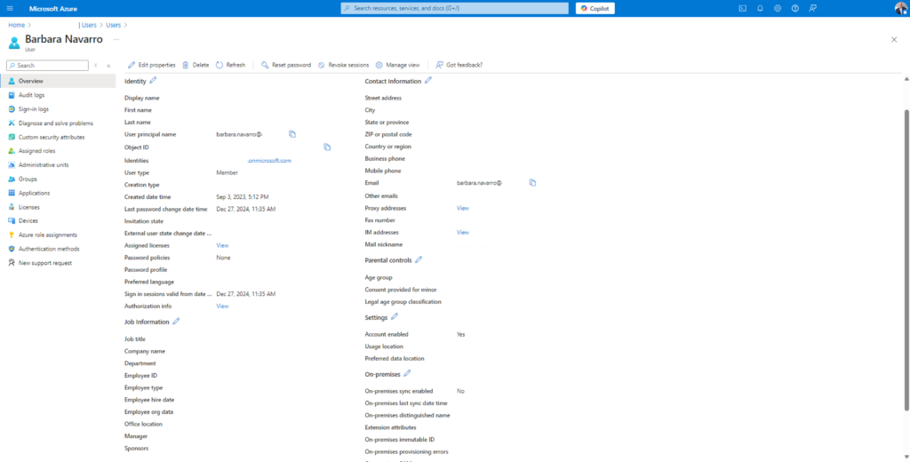 Microsoft Entra ID user profile showing identity, contact, and job information fields