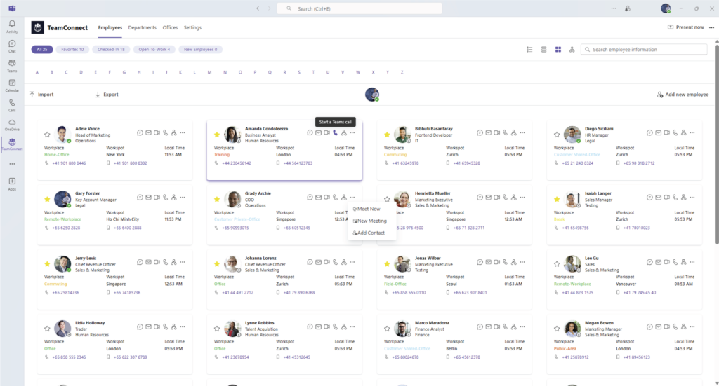 TeamConnect integrated communication tools interface showing messaging, chat, and call options
