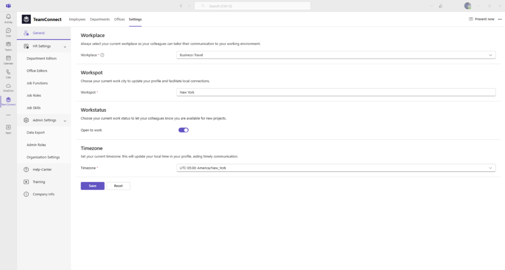 TeamConnect General Settings interface on desktop, displaying options for workplace, work status, and timezone.