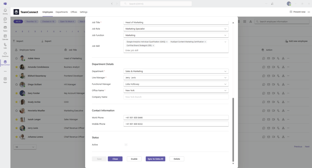 TeamConnect edit form for employee profile with Sync to Microsoft Entra ID button.