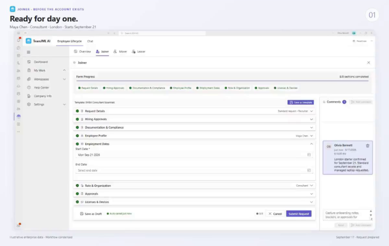 TeamJML AI product tour: a joiner request for Maya Chen, a consultant in London, prepared in Microsoft Teams before her first day