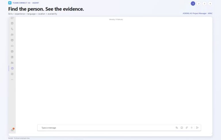 AI agent demo: the TeamConnect AI agent chat in Microsoft Teams, asking as a project manager in APAC