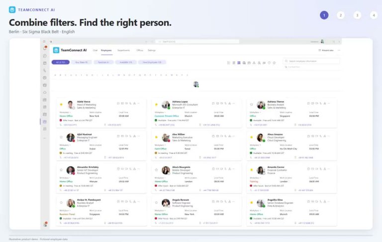 Employee directory demo: the TeamConnect AI directory in card view in Microsoft Teams, with filters combined to find the right person
