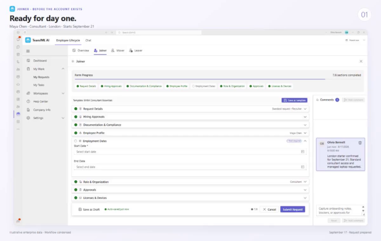 JML workflow demo: the TeamJML AI joiner request form for Maya Chen in Microsoft Teams, with approvals and the start date ahead
